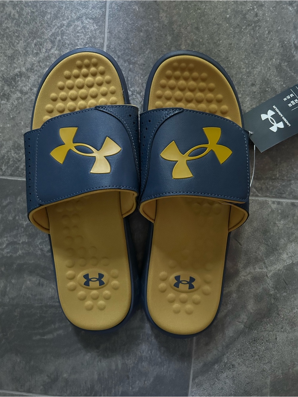 Under Armour Navy and Gold Slide Sandals with Logo